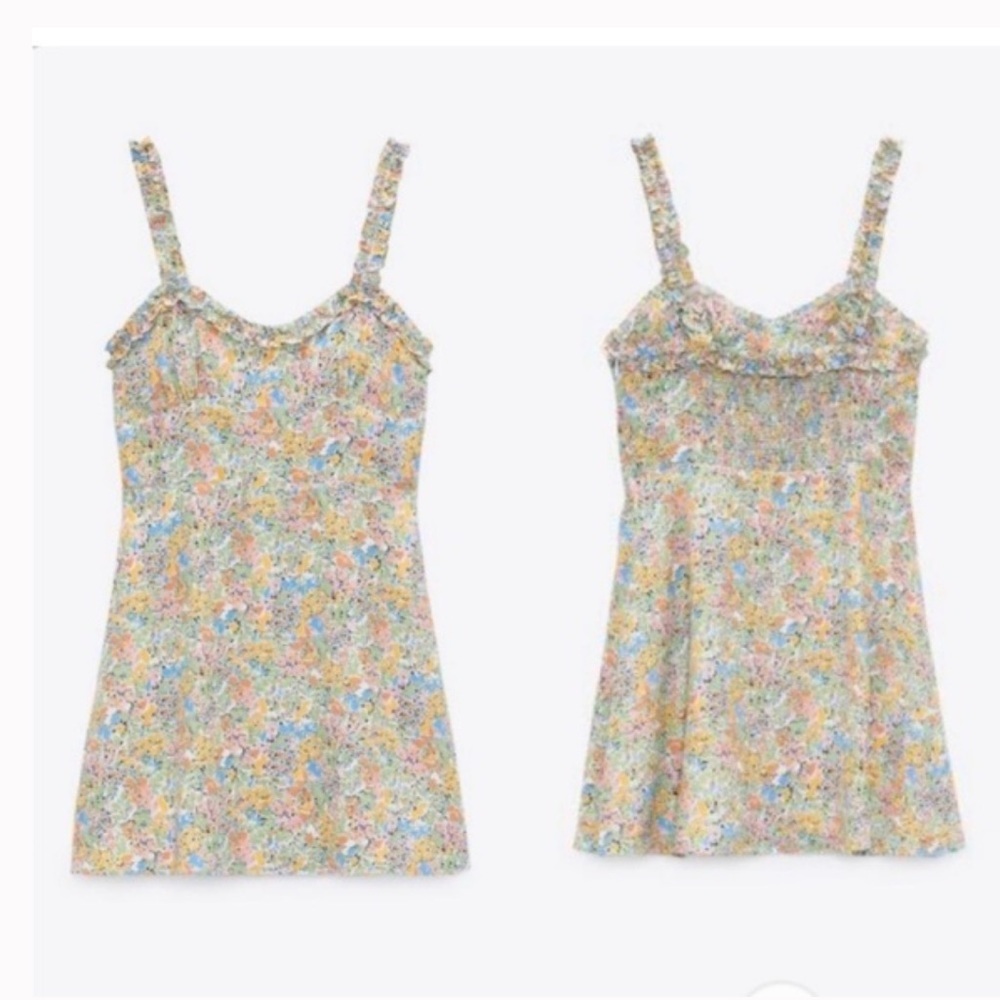 Zara Floral Mini Dress Sweetheart Neck Ruffle Strap Smocked Sundress Multi XXL - Picture 4 of 10